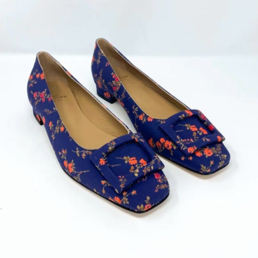 Ann Mashburn navy, and red floral flats, Liberty Fabric, Buckle Flats